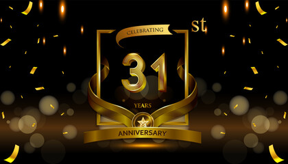 31st golden anniversary logo with gold ring and golden ribbon, vector design for birthday celebration, invitation card.
