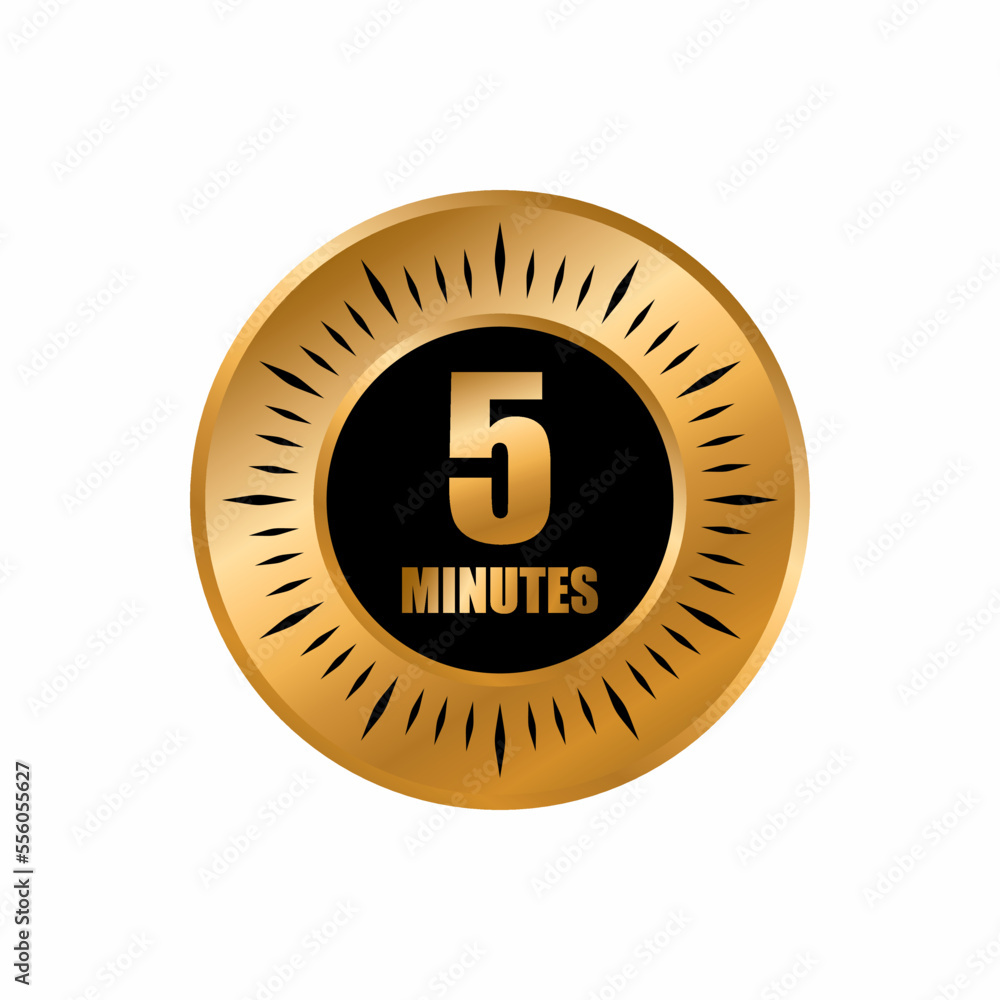 Wall mural 5 timer minutes symbol style isolated on white background. time gold label