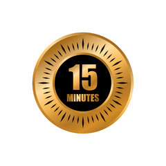 15 timer minutes symbol style isolated on white background. time gold label