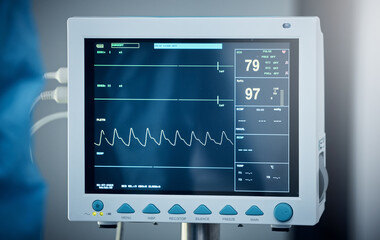 Healthcare, hospital and electrocardiogram monitor or screen. Medical tool, ecg equipment and heart...