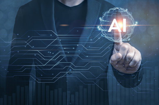 Use artificial intelligence in business. Business process management under guidance of artificial intelligence. businessman in formal suit touch artificial intelligence, AI and business IOT concept