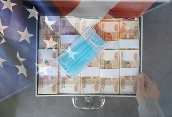 A metal suitcase filled with Russian banknotes of 5000 rubles. Double exposure. Investment, bribe, corruption concept.
