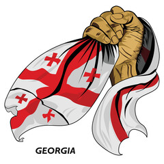 Fisted hand holding Georgian flag. Vector illustration of Hand lifted and grabbing flag. Flag draping around hand. Eps format