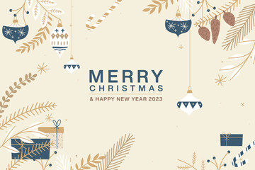 Simple Christmas background, elegant geometric minimalist style. Happy new year banner. Snowflakes, decorations and Xmas trees elements.