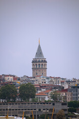 Fototapeta na wymiar View of Galata Tower of Istanbul in Turkey. Sky and cloud background. View of Istanbul. Turkish name: Galata Kulesi. August, 2022.