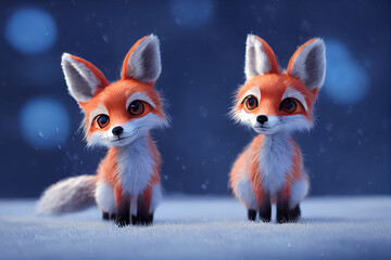 two small cute foxes in the snow,illustration,animals in the snow	