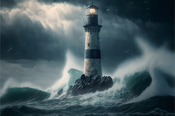 Fototapeta na wymiar lighthouse on a stormy day, front view. Generated AI