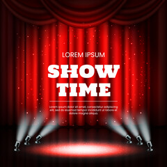 Red theater curtains, broadway casino background. Showtime award, cinema star lights, luxury open show hall. Drapery and spotlights. Banner template. Vector background 3D elements - obrazy, fototapety, plakaty