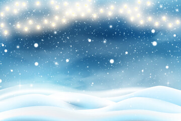 Holiday winter snow, christmas scene. Snowy night lights, outdoor sky celebration landscape with gerland, frozen tree forest. Merry Xmas backdrop. Snowfall wallpaper. Vector cartoon background