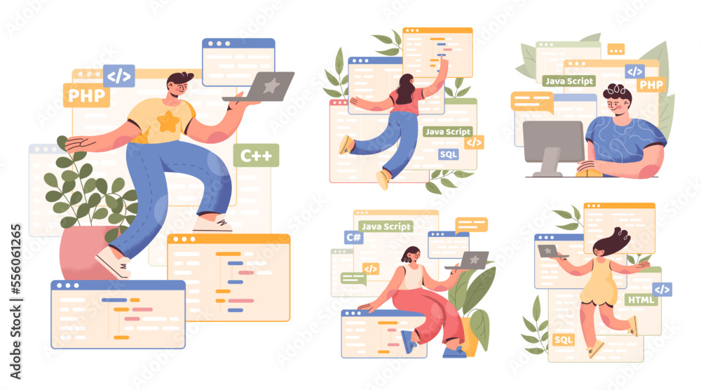 Leinwandbilder PC work. Computer programmer character. People in internet industry creating website. Programming language. Developers laptop screen window. Backend java coders set. Vector illustrations