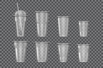 Plastic smoothie cup, clear mockup collection. Glass of juice, cold coffee holder mock up, 3d water with ice, tea box, smoothie and cocktail. Isolated elements. Vector realistic template