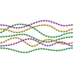Mardi gras fat bead chain pattern. Realistic green and purple carnival necklace. Festival border. Party decoration garland. Happy celebration. Metallic spheres thread. Vector background