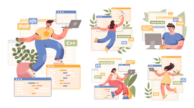 PC work. Computer programmer character. People in internet industry creating website. Programming language. Developers laptop screen window. Backend java coders set. Vector illustrations