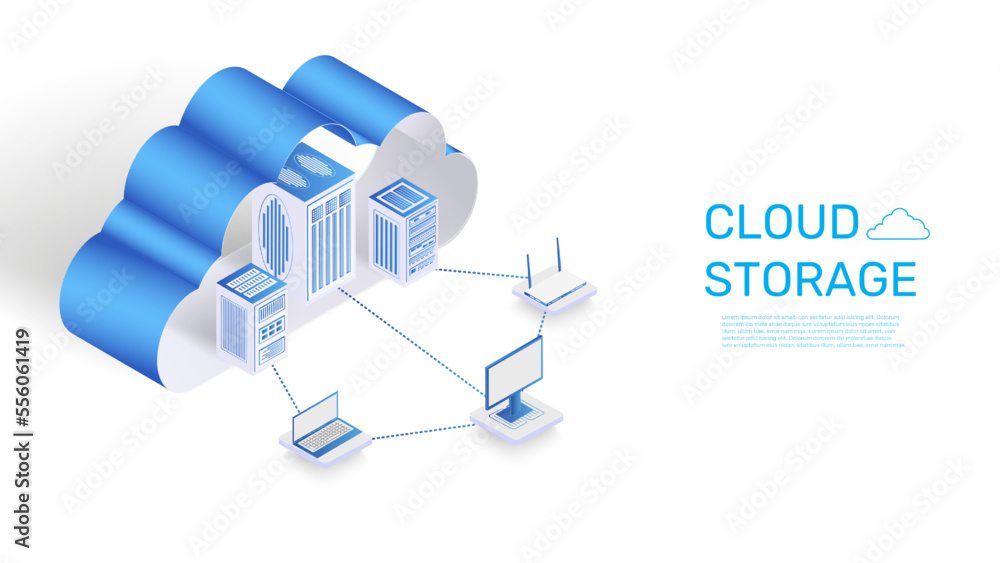 Leinwandbilder Cloud storage. Computer business technology landing. Digital data processing. Isometric servers connected with laptop and web router. Network hosting. Vector internet website design