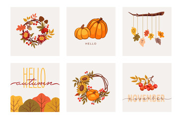 Fall thanksgiving pumpkins, hello autumn square cards. September doodle orange trees, halloween maple leaves, mushrooms and flowers. Decor frames and borders. Vector illustration posters set