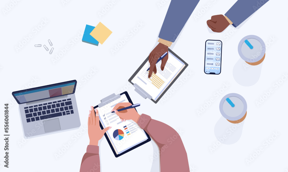 Poster Table top view. Office workplace. Business workers write on clipboard papers. Cartoon characters work together with laptop and tablets. Analytical report on desk. Vector teamwork scene