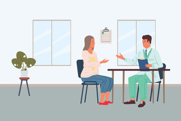 Patients examination. Doctors consultation. Woman at appointment with physician in hospital. Specialist consulting person in clinic. Medicine and health checkup. Vector illustration