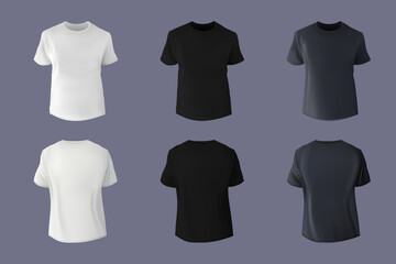 Black, white and gray T-shirt mockup. Blank kid or men short sleeve, top boy apparel, editable male sportswear sweatshirt. Casual textile clothing front and back view. Vector design mock up