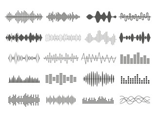 Music sound. Audio equalizer. Radio soundwave. Voice frequency. Waveform icons. DJ mixer. Musical beat charts set. Wavelength signal. Abstract stereo pulse shapes. Vector line pattern - obrazy, fototapety, plakaty