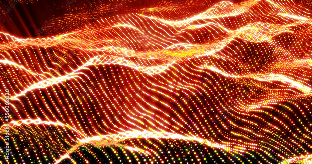 Poster abstract bright glowing yellow sun waves and lines from particles and dots in the form of a field wi