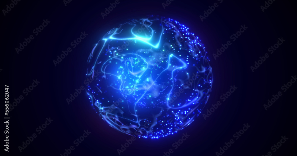 Poster a round blue planet with a molten core in the center in space, a star sphere with an energy magical 