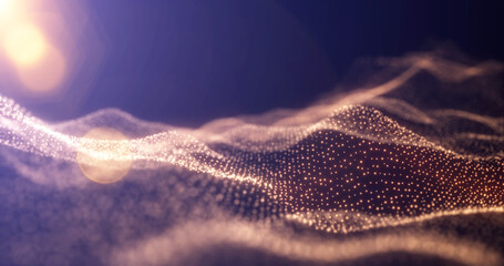 Abstract waves from particles and lines of yellow gold futuristic beautiful flying glowing magical energy with sun rays and blur effect. Abstract background