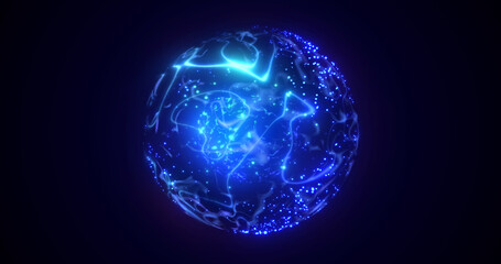 A round blue planet with a molten core in the center in space, a star sphere with an energy magical luminous field from plasma. Abstract background