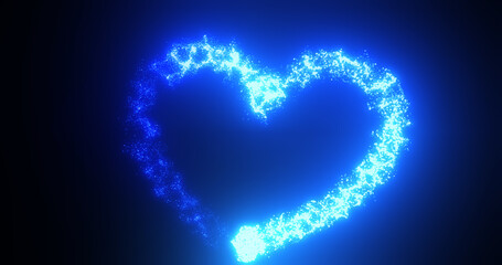 Fototapeta premium Blue heart love glowing shiny for valentine's day holiday from magic energy lines and particles on black background. Abstract background