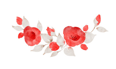Watercolor red flowers and leaves floral wreath frame crown clip art.