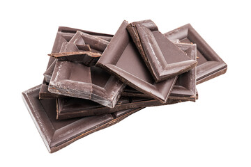 Dark chocolate pieces, cubes on a heap, broken chocolate isolated on transparent background