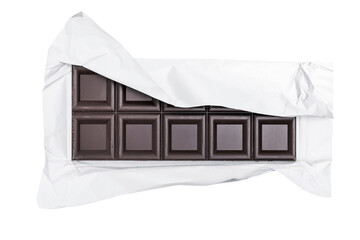 Bitter dark chocolate bar isolated on transparent background, top view