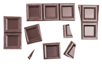 Dark chocolate pieces, cubes, broken chocolate isolated on transparent background, top view