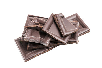 Dark chocolate pieces, cubes on a heap, broken chocolate isolated on transparent background