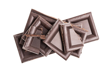 Dark chocolate pieces, cubes on a heap, broken chocolate isolated on transparent background, top...