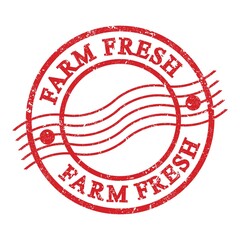 FARM FRESH, text written on red postal stamp.