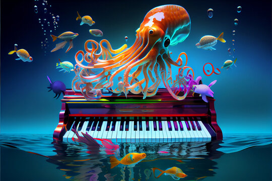 Octopus Playing Piano in Underwater World. Generative ai