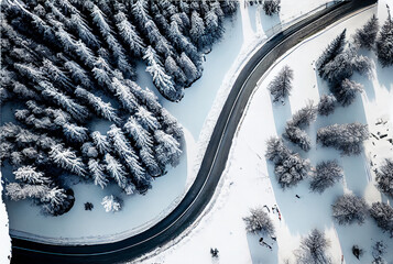 Aerial View of Winter Forest Covered in Snow. Generative ai