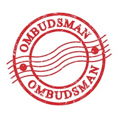 OMBUDSMAN, text written on red postal stamp.