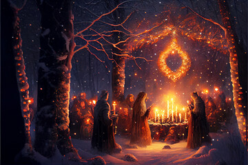 Winter Solstice Celebration in Forest. Generative ai