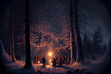 Winter Solstice Celebration in Forest. Generative ai