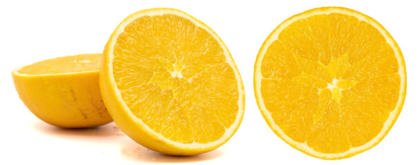 Set of orange images. Orange isolated on a white background. Clipping Path. Full depth of field. close up