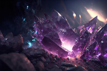 An abstract wavey flow shape purple crystal gemstone glowing, stone texture background, Generative AI.