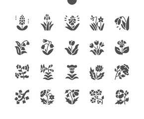 Spring flowers. Snowdrop, petunia, tulip, iris and other. Flora and nature. Vector Solid Icons. Simple Pictogram