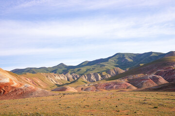 Naklejka premium Mountains with red stripes. Khizi region. Azerbaijan.