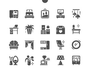 Furniture. Wardrobe, bed, lamp, decor and curtains. Home interior. Modern furniture. Table with cactus. Vector Solid Icons. Simple Pictogram