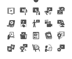 Video content. Play, media, entertainment, streaming, social, blog. Video production. Vector Solid Icons. Simple Pictogram