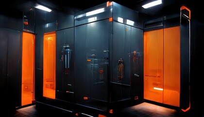 Futuristic school locker room interior at night ,made with Generative AI