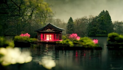 Obraz premium Japanese garden with cherry blossom, sakura, houses reflecting in the lake ,made with Generative AI
