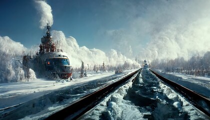 Fototapeta premium Train tracks leading to a frozen city, research lab in the arctic ,made with Generative AI