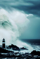 Fototapeta na wymiar Lighthouse on the island bathed by big waves ,made with Generative AI